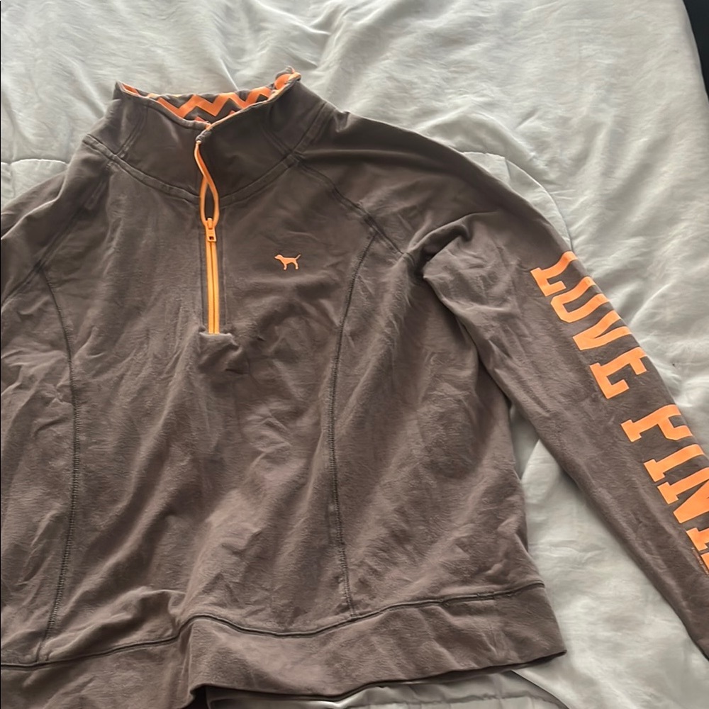 Pink , Brown Quarter-Zip Pullover with Orange Accents